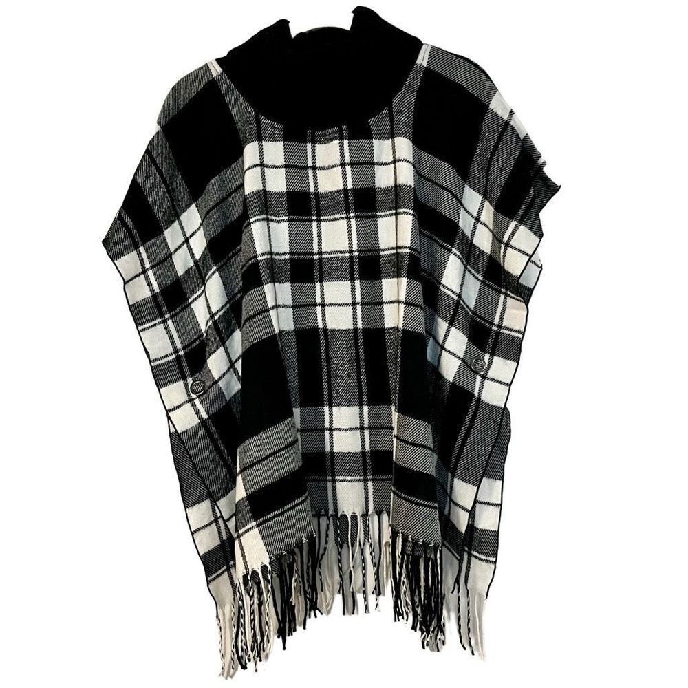 Multiples Buffalo Plaid Turtleneck Fringe Poncho Small